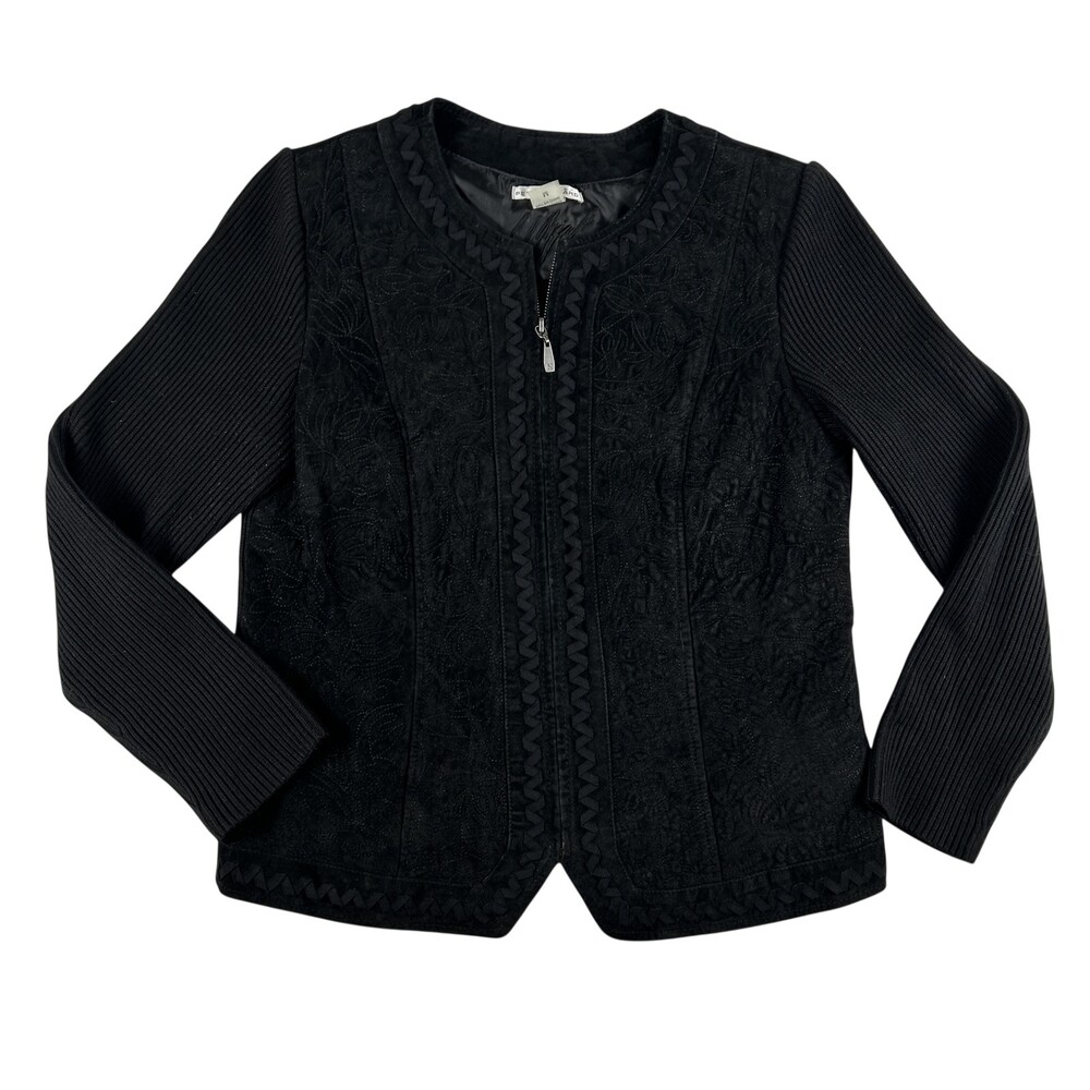 Peter Nygard Jacket Womens Medium Suede Leather Knit Sleeve Embroidered Zip